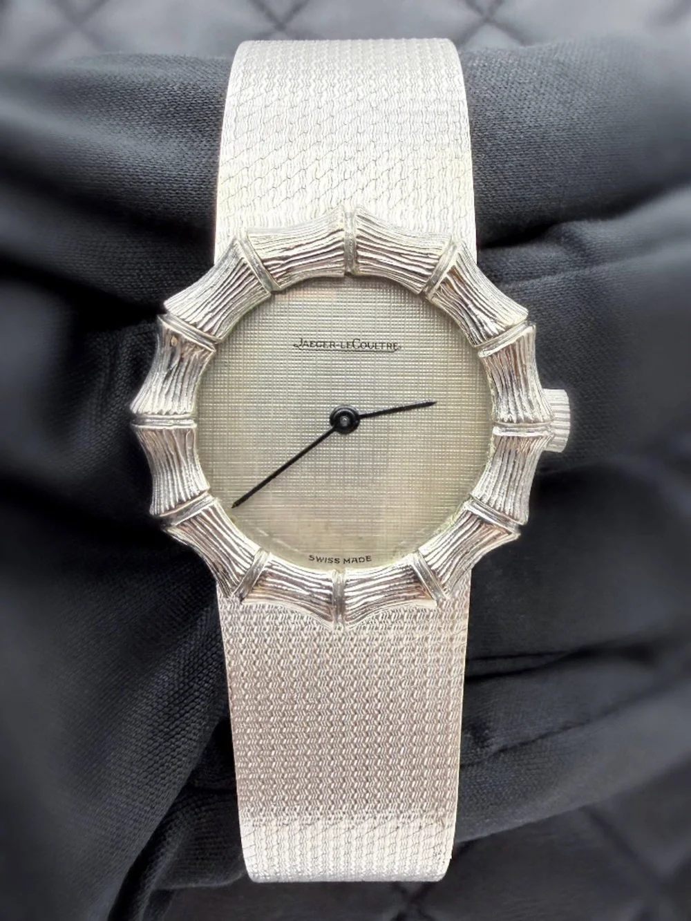 Vintage Jaeger Lecoultre 14081 22 18k Solid White Gold Silver Dial Bamboo Watch